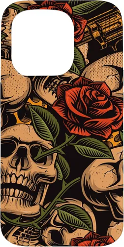 Vista 14 de Funda con diseño de tatuajes de flash tradicional para iPhone 17 con diseño retro rojo de rosas de calavera