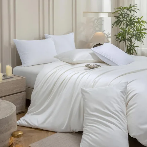 Vista 4 de MooMee Juego de funda de edredón 100% algodón de fibra extra larga de 600 hilos, satén sedoso, suave, transpirable, duradero, ropa de cama de Blanco