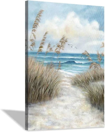 Vista 14 de Cuadro abstracto de playa para pared: camino de arena al océano con hierba marina pintura para dormitorio (16 x 12 x 1 panel)