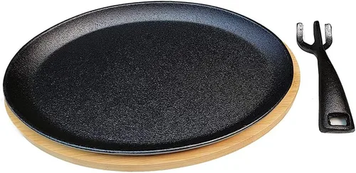 Vista 7 de HAWOK Fajita de hierro fundido con bandeja de bambú y asa Juego de 4 Negro-266-4