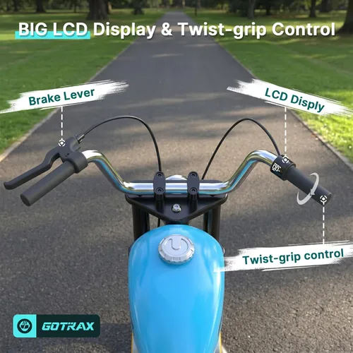 Vista 4 de Gotrax Retro Motorcycle for Kids 8+, 12" Tires,Max 9 Miles,6/10Mph 2 Speeds Blue