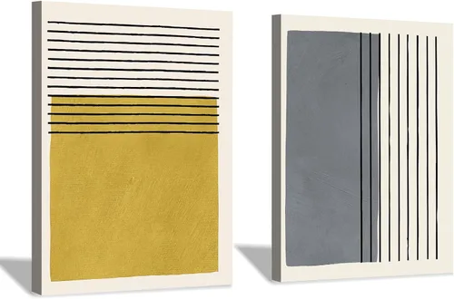 Vista 11 de Arte minimalista bohemio beige para pared, impresiones bohemias amarillas, amarillas y grises, lienzo abstracto para pared, arte moderno, póster
