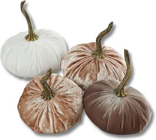 Vista 34 de Juego de 4 pequeñas calabazas de franela de terciopelo y algodón, decoración a cuadros de búfalo blanco y negro, estantes de calabaza negra