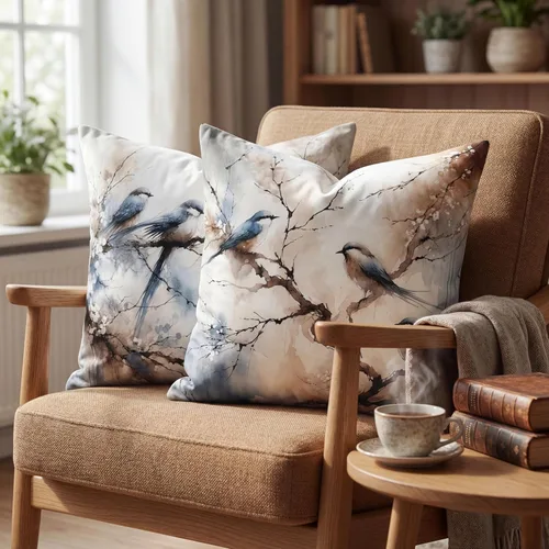 Vista 2 de Juego de 2 fundas de almohada decorativas de terciopelo de 18 x 18 pulgadas, estampado de pájaros y ramas en acuarela, felpa suave con acento neutro