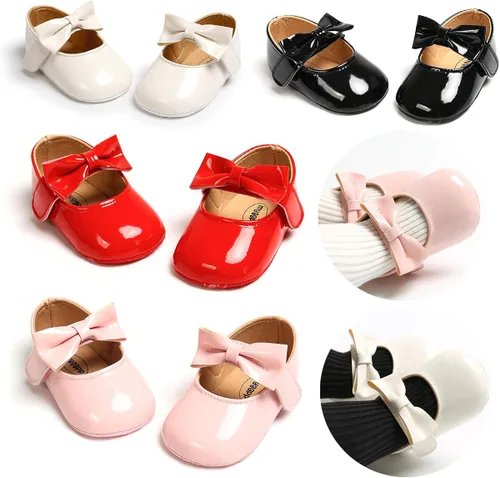Vista 2 de myppgg Mary Jane - Zapatos planos brillantes con lazo y lazo de princesa, zapatos de cuna antideslizantes para niños pequeños que caminan