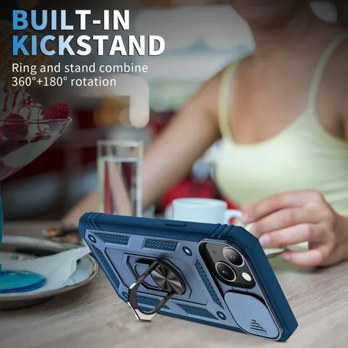 Vista 6 de Fetrim Funda para iPhone 13, Funda de teléfono con soporte de anillo de rotación para Apple iPhone 13 - Azul