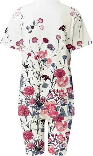 Vista 5 de 2 Piece Outfits for Women Dressy Short Sleeve T-Shirt Tops and Bottom Set High Waisted Floral Print Travel Outfits for Women
