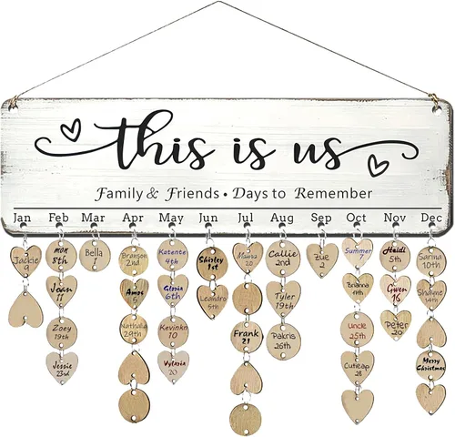 Vista 8 de Regalos de cumpleaños para mamá y abuela, calendario de madera con placa de recordatorio de cumpleaños familiar para colgar en la pared, presente A.
