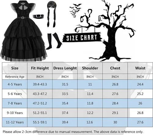 Vista 7 de GZ-LAOPAITOU Wednesday Costume Girls Black Wednesday Addams Dress for Kids Halloween Cosplay Party Dance Dresses 4-12Y