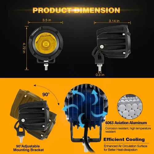 Vista 5 de Auxbeam Luz LED redonda de 3.5 pulgadas, 50 W, luz antiniebla ámbar de 5000 lm, cápsula redonda de luz de conducción con kit de arnés de cableado