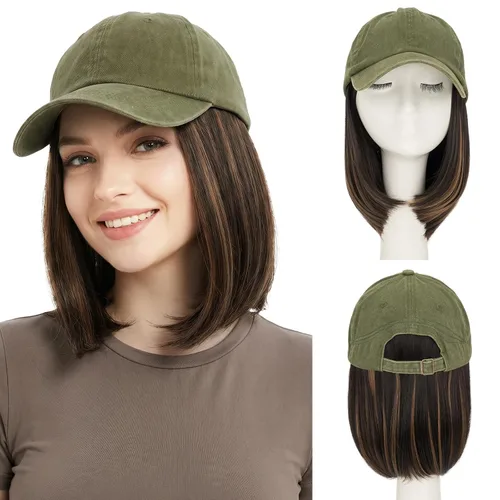 Vista 19 de SEGO - Gorra de béisbol con extensiones de cabello para mujer, resistente al calor, sintético, 6 pulgadas, ajustable, corta, recta, peluca
