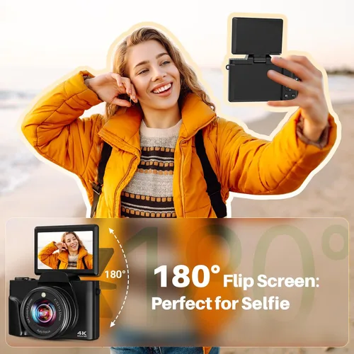 Vista 5 de Cámara digital 4K para fotografía, enfoque automático de zoom 16X 64MP WiFi Cámara compacta de viaje, cámara de vlogging para YouTube, pantalla