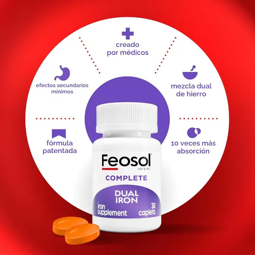 Vista 3 de Feosol Comprimidos Completos de Suplemento de Hierro, Hierro Bifera para Alta Absorción, Hemo y No Hemo de Doble Acción Minimiza los Efectos