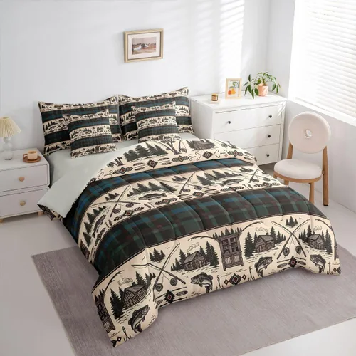Vista 75 de Feelyou Juego de edredón de ciervo con sábanas – Tamaño Queen 7 piezas Juego de ropa de cama infantil de caza rústica – Cama de ciervo de cabaña