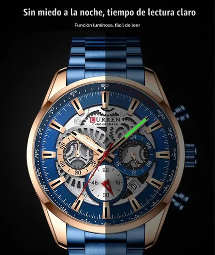 Vista 6 de FANMIS Relojes de lujo para hombre, cronógrafo de negocios, impermeable, de acero inoxidable, analógico, de cuarzo, reloj de pulsera B Azul