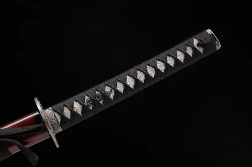 Vista 6 de Espada samurai japonesa hecha a mano, Katana de acero T10 de 41 pulgadas, hoja templada de arcilla es resistente y afilada (marrón)