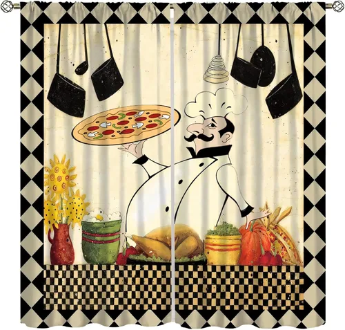 Vista 32 de Cortinas de chef para ventana, juego de 2 paneles para dormitorio y sala de estar, 42 x 45 pulgadas, a cuadros, cortinas temáticas de cocina