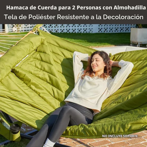 Vista 2 de CHULIM Hamaca doble para exterior con barras separadoras de madera dura, hamaca grande de cuerda con almohada de poliéster y cojín, capacidad de 475