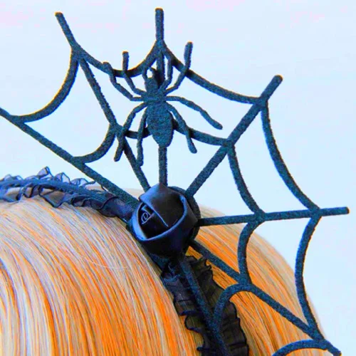 Vista 5 de Aro de telaraña de Halloween para el cabello, accesorio para disfraz de araña (negro)