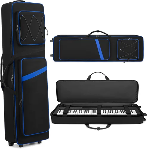 Vista 8 de BOSSTIN Funda para teclado de 61 teclas con ruedas, bolsa de piano rodante 61 Llave azul