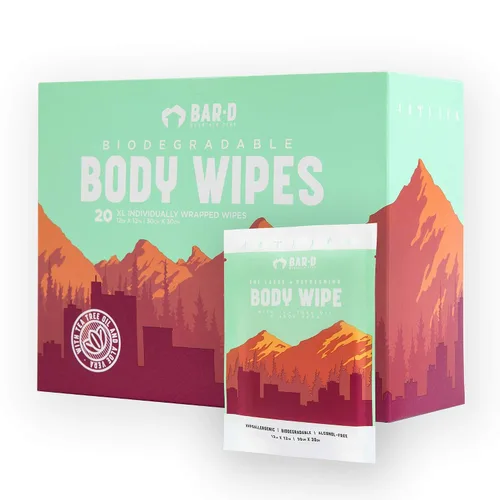 Vista 9 de Bar-D Toallitas corporales biodegradables con aceite de árbol de té y aloe vera, toallitas de ducha refrescantes ideales para camping, senderismo