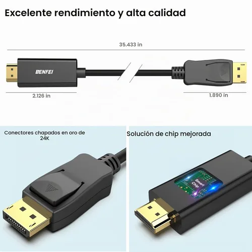 Vista 6 de BENFEI 4K DisplayPort to HDMI 3 Feet Cable Negro