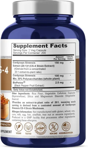 Vista 2 de NusaPure Cordyceps Extract 3000 mg 200 cápsulas vegetales (Sinensis CS-4, sin OMG y sin gluten) con bioperina