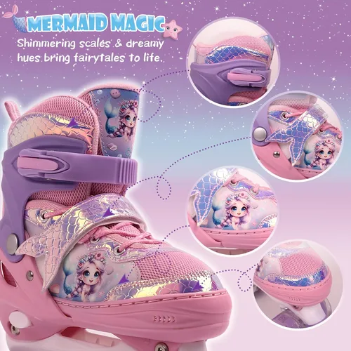 Vista 5 de Patines de sirena ajustables para niños y niñas con ruedas con luz LED, patines para interiores y exteriores para niños principiantes, juego