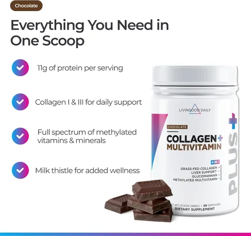 Vista 3 de Livingood Daily - Polvo de colágeno para mujeres y hombres, péptidos de colágeno hidrolizado alimentado con pasto, proteína y multivitaminas