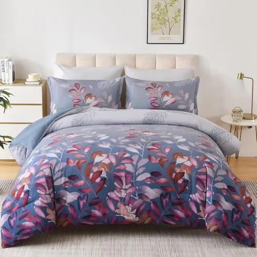 Vista 12 de DJY Juego de edredón beige tamaño Queen, edredón de 3 piezas con hojas botánicas marrones con 2 fundas de almohada, tamaño Queen, juego de edredón