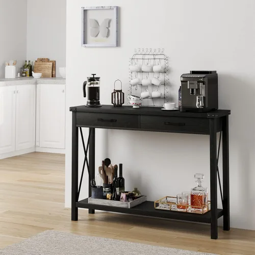 Vista 6 de Alkmaar Mesa de entrada de granja, mesa consola negra con cajones, mesa de sofá de madera con almacenamiento, mesa de pasillo para entrada, sala