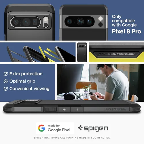Vista 2 de Spigen Tough Armor diseñada para Pixel 8 Pro Case (2023) [Soporte de apoyo] [Protección de grado militar] - Negro