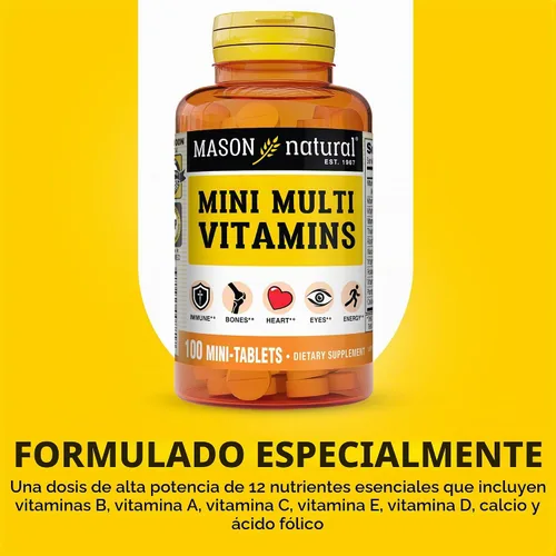 Vista 4 de MASON NATURAL Mini vitaminas A, C, D3, E, B1, B2, B3, B6, B12, folato y calcio para la salud general, 100 tabletas