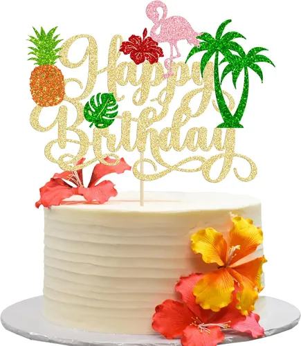Vista 18 de Gyufise 1 pieza de decoración para pastel de cumpleaños Moana con purpurina de hoja de palma, flor de moana para pastel tropical hawaiano Luau, baby