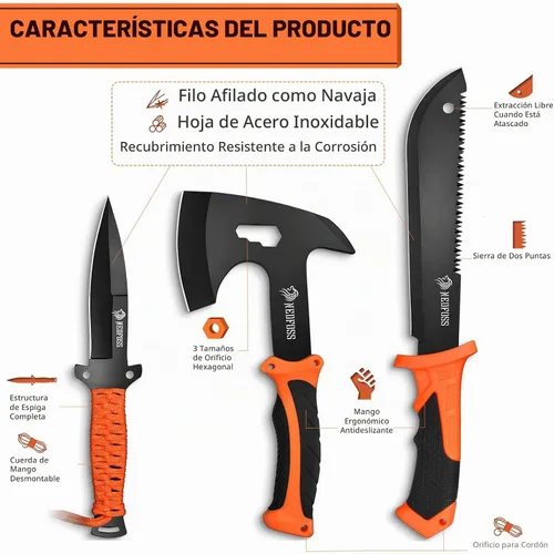 Vista 5 de NedFoss Machete de 15 pulgadas, hacha de 10 pulgadas con funda, cuchillo de caza de hoja fija con funda, hacha de camping con mango de reducción