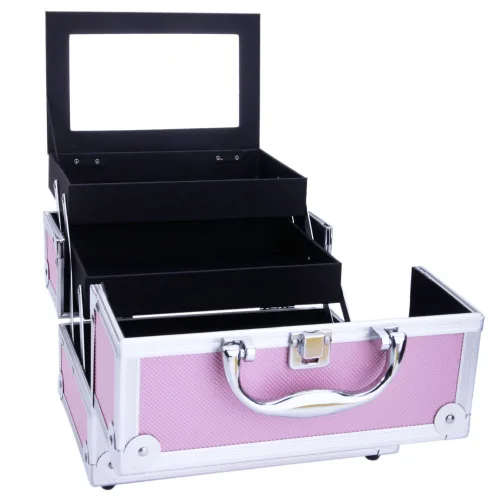 Vista 8 de Estuche de tren de maquillaje portátil profesional, estuche de aluminio para maquillaje, joyero, organizador de almacenamiento de cosméticos con Rosa