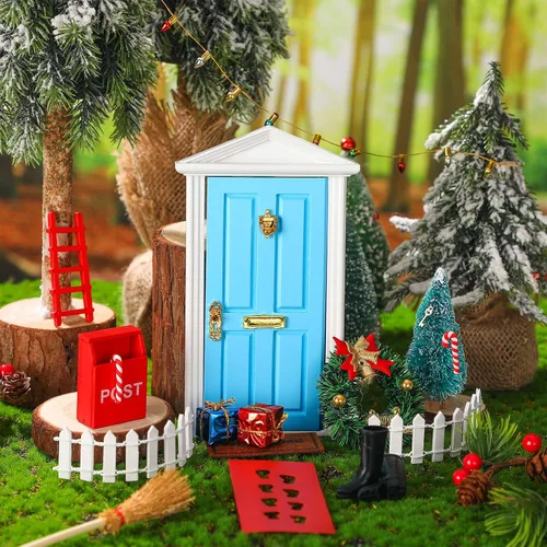 Vista 3 de Hungdao - 20 piezas de decoración en miniatura de madera para puerta de elfo de Navidad, puerta azul