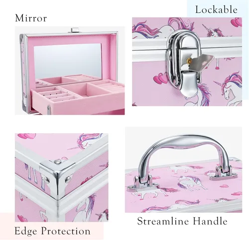 Vista 5 de Hododou Joyero para niñas diseño de unicornio rosa organizador con cajón y espejo estuche de almacenamiento con cerradura estilo unicornio