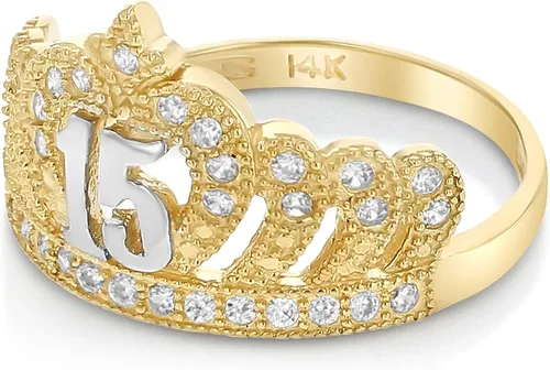 Vista 2 de Ioka - Anillo de quinceañera de princesa de 15 años con circonita cúbica de oro macizo de 14 quilates