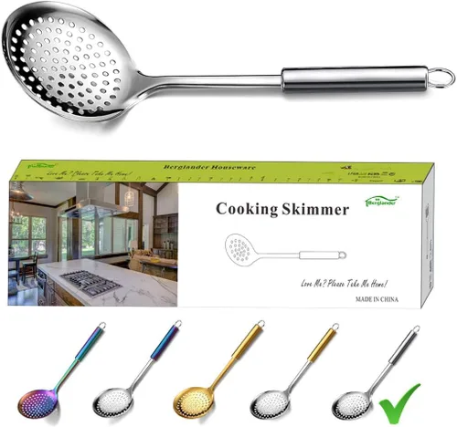 Vista 9 de Berglander Espumador, Colador de Acero Inoxidable Dorado, Cocina Dorada con Chapado de Titanio, Cucharas Ranuradas, Para Cocina, Colador de Metal