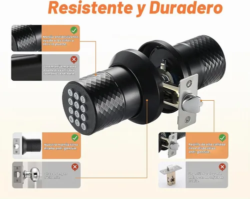 Vista 4 de Cerradura de pomo de puerta con teclado, pomo de puerta de entrada sin llave con mango antideslizante, bloqueo automático, pomo de puerta Negro