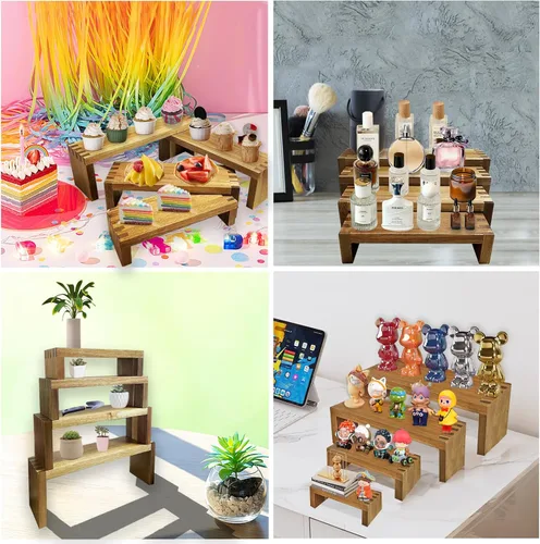 Vista 6 de 8 soportes de exhibición de madera, juego de 2 unidades, estante rectangular de especias de 4 niveles para alimentos, postres, soporte para tartas