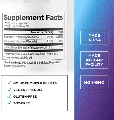 Vista 2 de DR. EMIL NUTRITION Suplementos de espermidina de 5 mg para hombres y mujeres Suplemento para el envejecimiento Espermidina pura 3HCL y tiamina