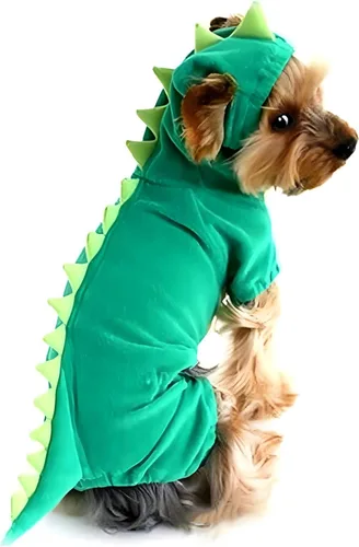Vista 3 de Hotumn Disfraz de dinosaurio para perro, disfraz de Halloween con capucha de dinosaurio para perros pequeños (XS, verde)