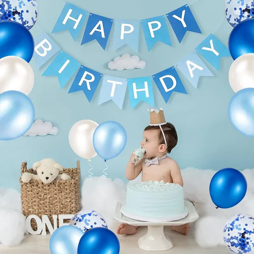 Vista 6 de Cartel de feliz cumpleaños, banderines, globos de fiesta azul bebé, confeti, globos de látex, pancartas de fiesta para niños y niñas, decoraciones
