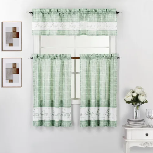 Vista 6 de Interior Trends Live Love Laugh - Juego de 3 cortinas estampadas para ventana de cocina con cenefa y paneles en niveles