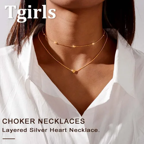 Vista 6 de Tgirls Gargantilla de cobre en capas, collares con colgante de corazón, collar de bola, joyería para mujer