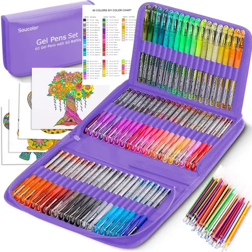 Vista 8 de Soucolor Bolígrafos de gel con purpurina para libros de colorear para adultos, suministros escolares de clase de arte, paquete de 120 unidades, 60