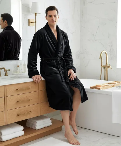 Vista 4 de NY Threads - Bata de baño de lujo en polar suave para hombre, bata de spa para hombre Negro
