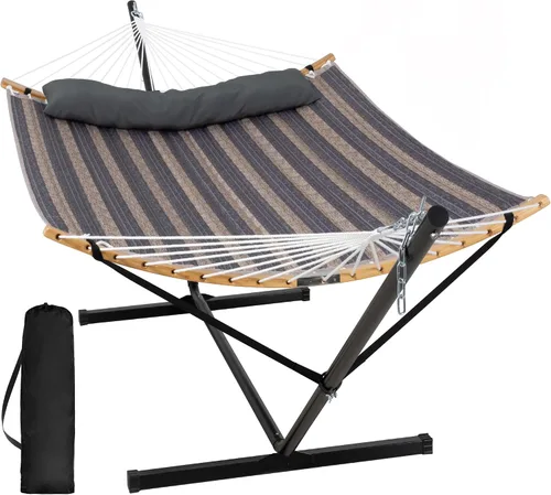 Vista 12 de SUNCREAT Hamaca doble con soporte incluido, hamaca portátil con soporte y almohada grande, rayas azules